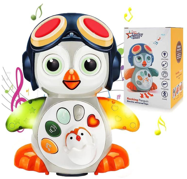 Jucărie interactivă pentru bebeluși Raya Toys - Pinguin balansoar, cu muzică și sunete