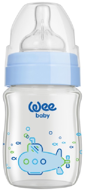 Biberon din sticlă termorezistentă Wee Baby Classic Plus, 120 ml, albastru