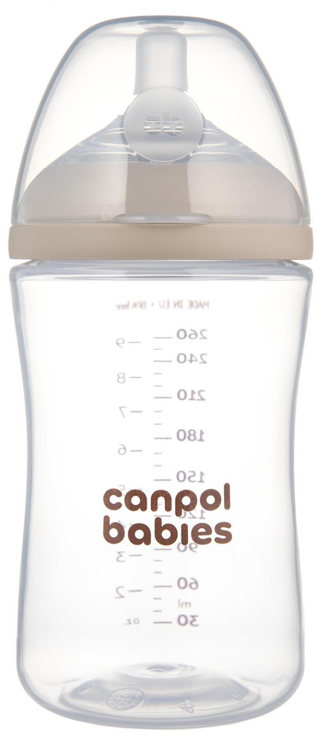 Sticlă pentru bebeluși cu tetină cu două zone Canpol - Natural Shape, 260 ml, 3 luni+