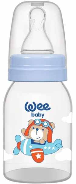 Biberon Wee Baby Classic - 125 ml, albastru cu pilot de ursuleț