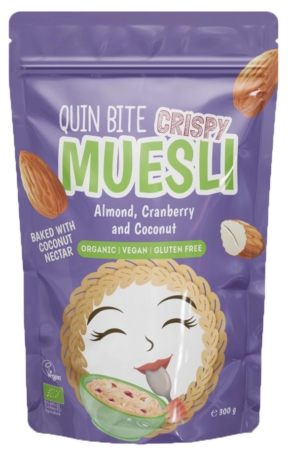 Bio musli cu migdale, merișoare și cocos, 300 g, Quin Bite