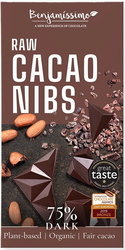 Ciocolată naturală organică cu boabe de cacao crude, 75% cacao, 60 g, Benjamissimo