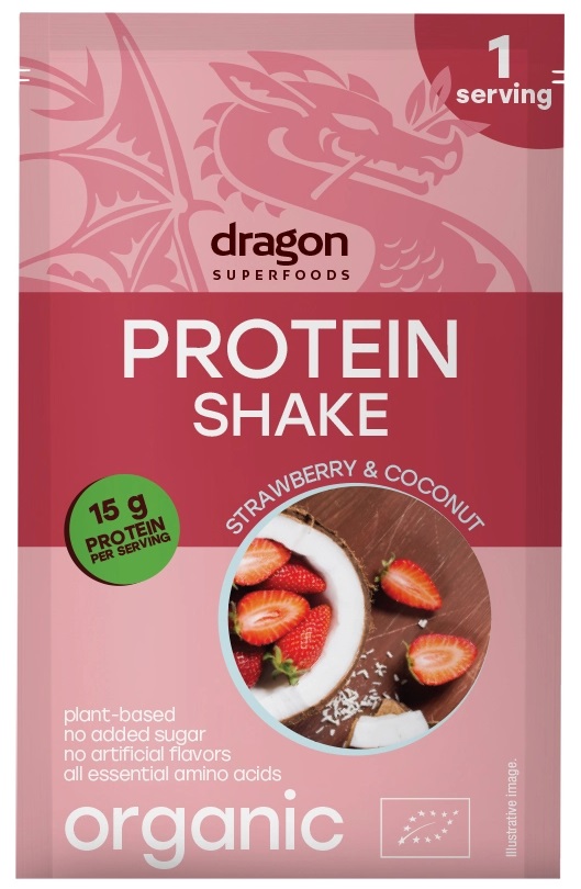 Shake proteic bio, căpșuni și cocos, 30 g, Dragon Superfoods