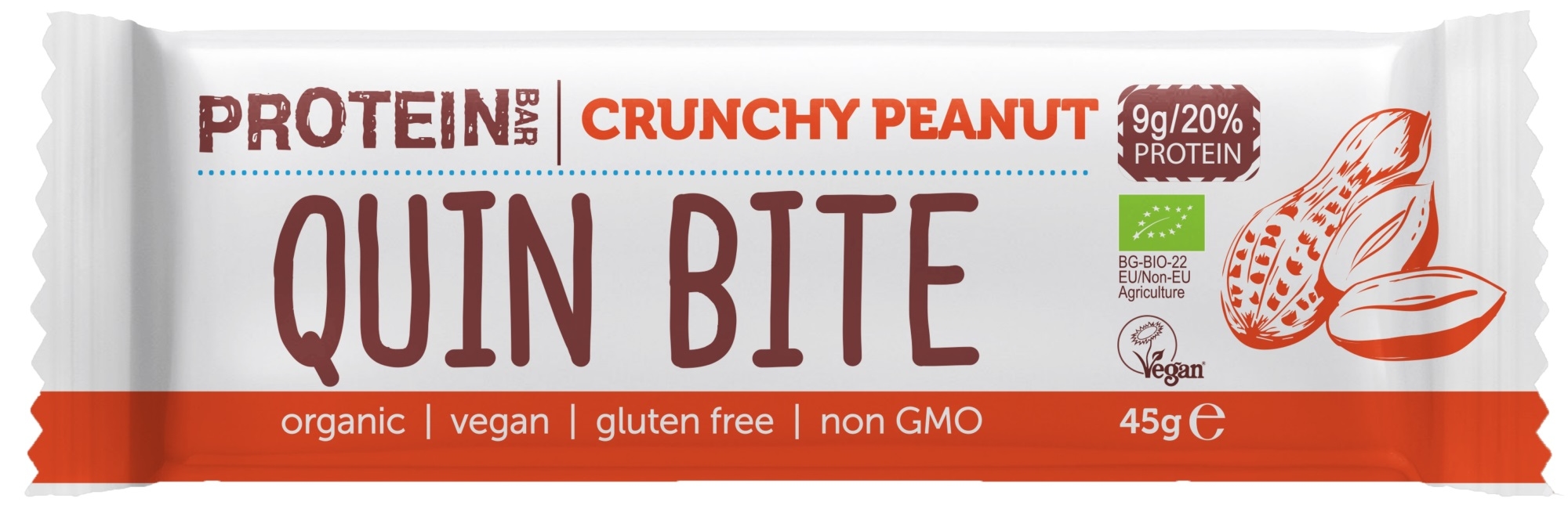 Baton proteic bio, arahide crocante, 45 g, Quin Bite