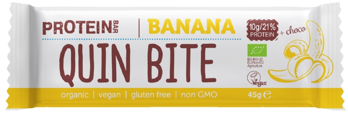 Baton proteic bio, ciocolată și banană 45 g, Quin Bite