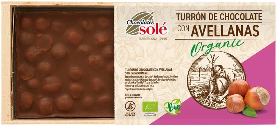 Turron de ciocolată bio cu alune de pădure, 200 g, Chocolates Solé
