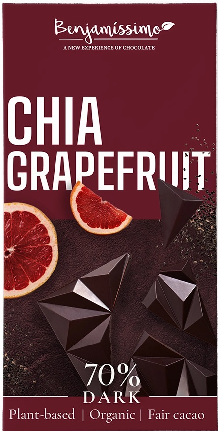 Ciocolata neagra 70% cu chia si grapefruit, bio, 60g, Benjamissimo - imagine 3