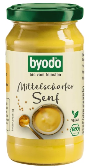 Muștar vegan organic, picant mediu, 200 ml, Byodo