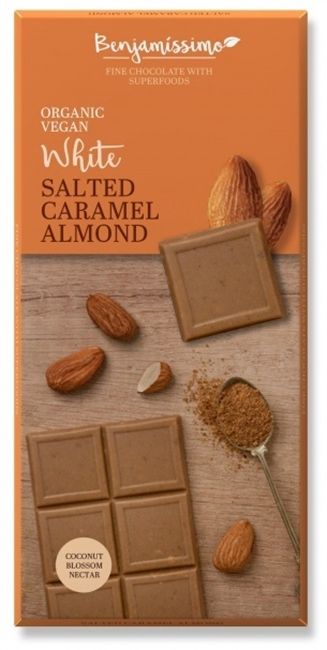 Ciocolata alba cu migdale si caramel sarat, bio, 60g, Benjamissimo - imagine 3