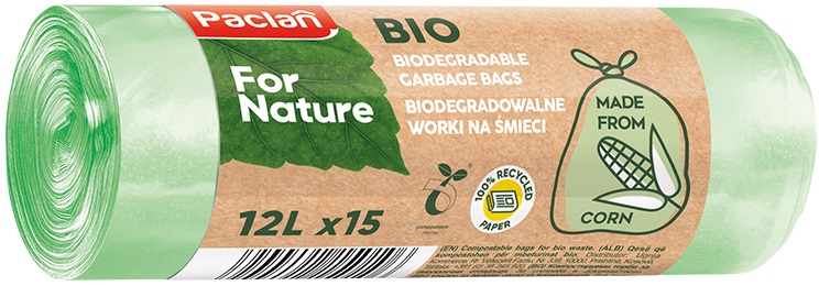 Saci de gunoi biodegradabili Paclan - For Nature, 12 l, 15 buc., verde
