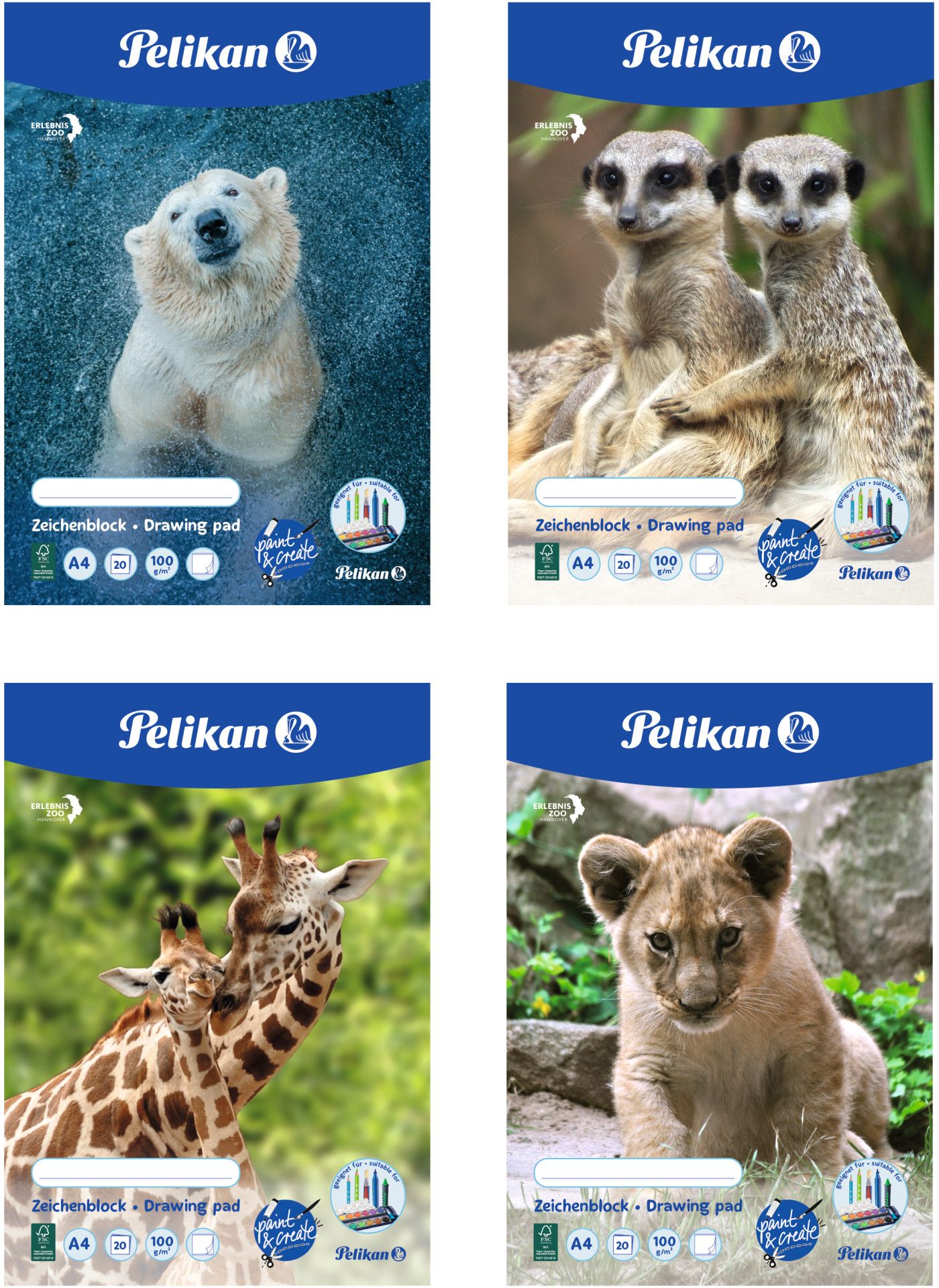 Bloc de desen Pelikan - Animals, A4, 20 foi, sortiment