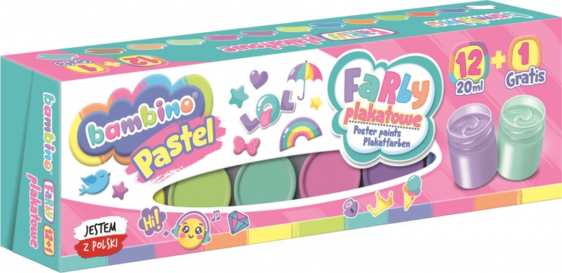 Vopsele pentru postere Bambino Premium - 12+1 culori pastelate, 20 ml, sortiment