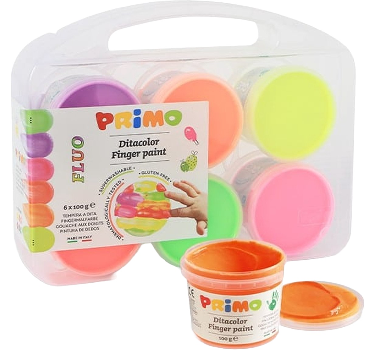 Vopsele pentru degete Primo - Neon, 6 x 100 g, în cutie