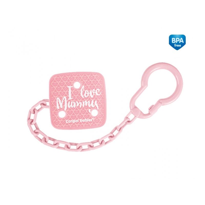 Clips pentru suzetă Canpol - I Love Mummy, cu lanț, roz