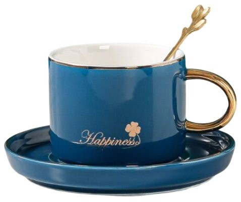 Cană pentru cappuccino și ceai Morello - Happiness Blue, cu farfurioară și linguriță, 200 ml