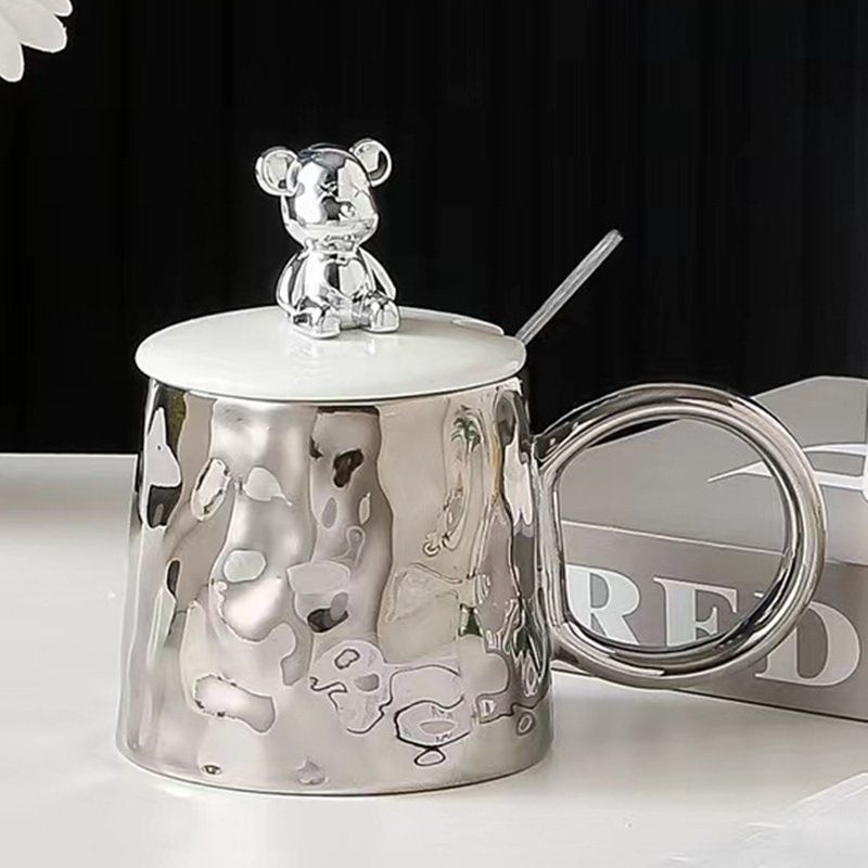 Cană cu capac Morello - Bear, cu linguriță, 300 ml, Silver