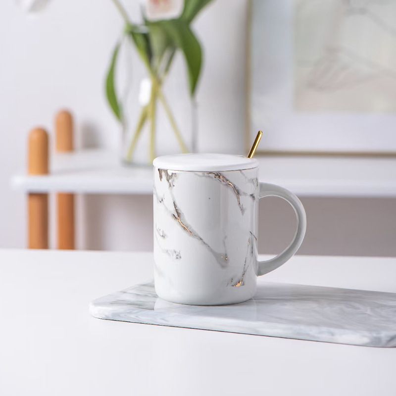 Pahar cu capac Morello - Marble, cu linguriță, 280 ml, Gri