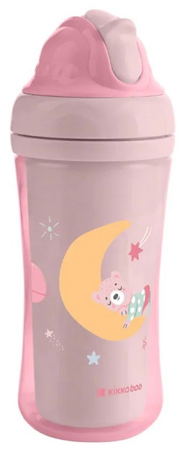 Cană cu un pai de silicon KikkaBoo - Moony me, Pink, 220 ml