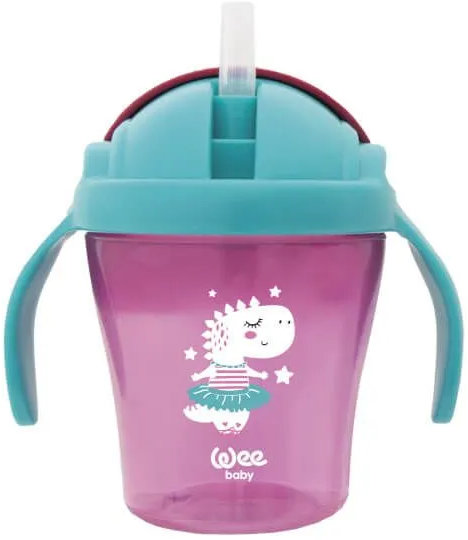 Pahar cu pai Wee Baby - 200 ml, 12 luni+, roz