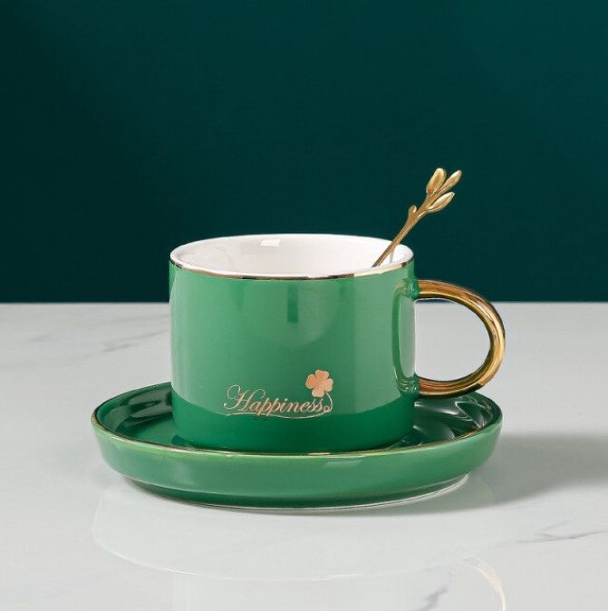Ceașcă pentru cappuccino și ceai Morello - Happiness, cu farfurioară și linguriță 200 ml, verde