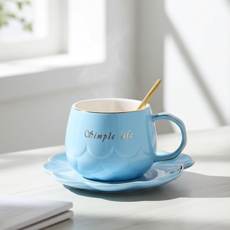 Ceașcă pentru cappuccino și ceai Morello - Simple Life, cu farfurioară și linguriță, 250 ml, Blue