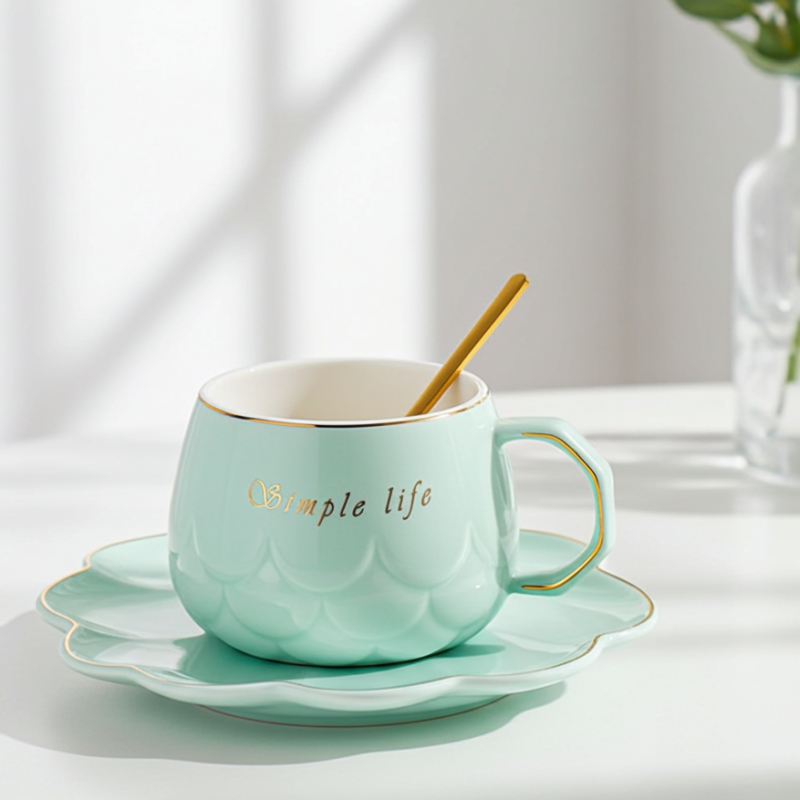 Pahar pentru cappuccino și ceai Morello - Simple Life, cu farfurioară și linguriță, 250 ml, verde