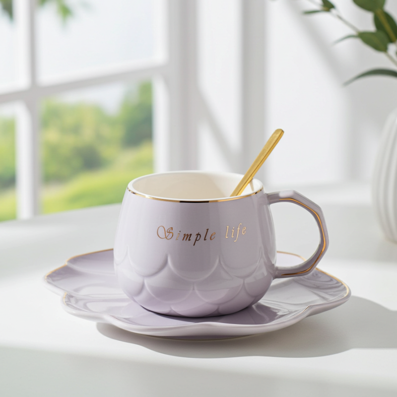 Cană pentru cappuccino și ceai Morello - Simple Life, cu farfurioară și linguriță, 250 ml, Purple