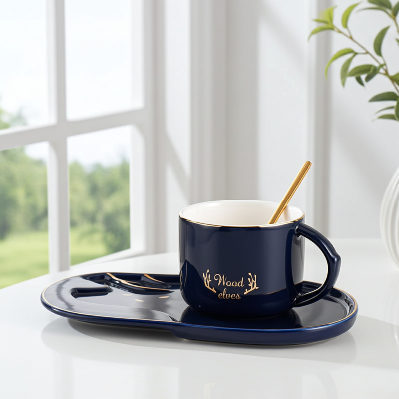 Cana pentru cappuccino și ceai Morello - Wood Elves, cu farfurioară și linguriță 250 ml, Albastru