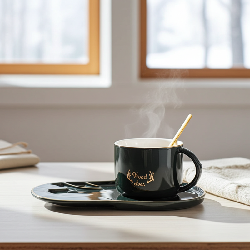 Cana pentru cappuccino și ceai Morello - Wood Elves, cu farfurioară și linguriță 250 ml, Gri