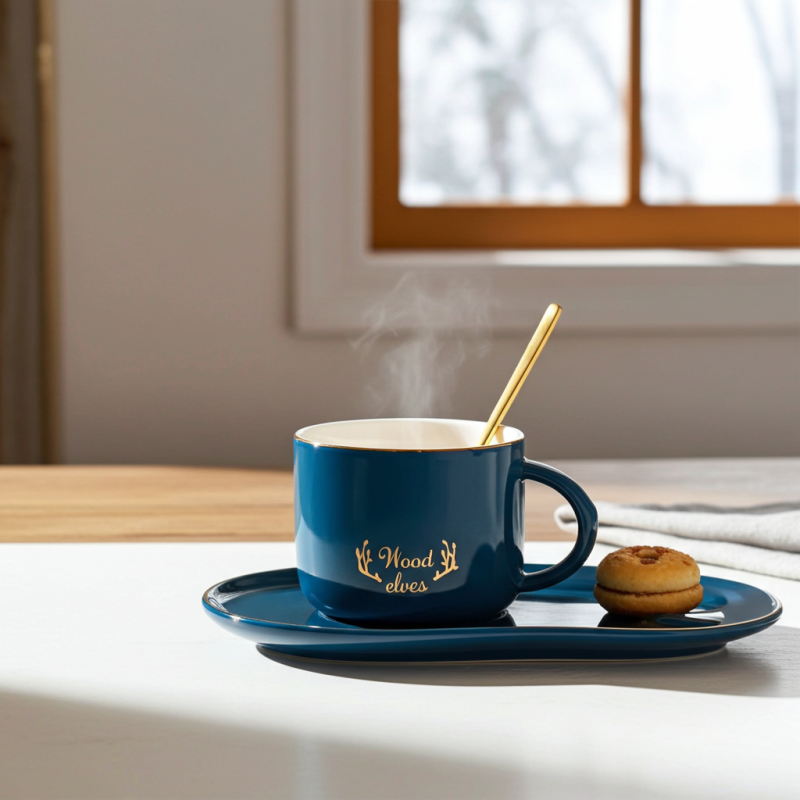 Ceașcă pentru cappuccino și ceai Morello - Wood Elves, cu farfurioară și linguriță 250 ml, Light Blue