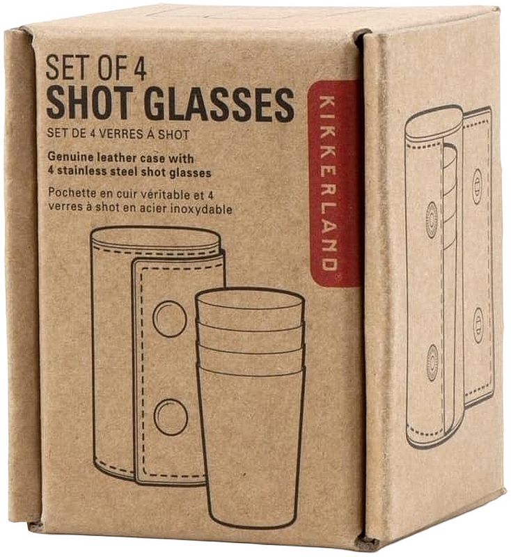 Pahare de shot Kikkerland - 4 buc, 25 ml, cu husă din piele
