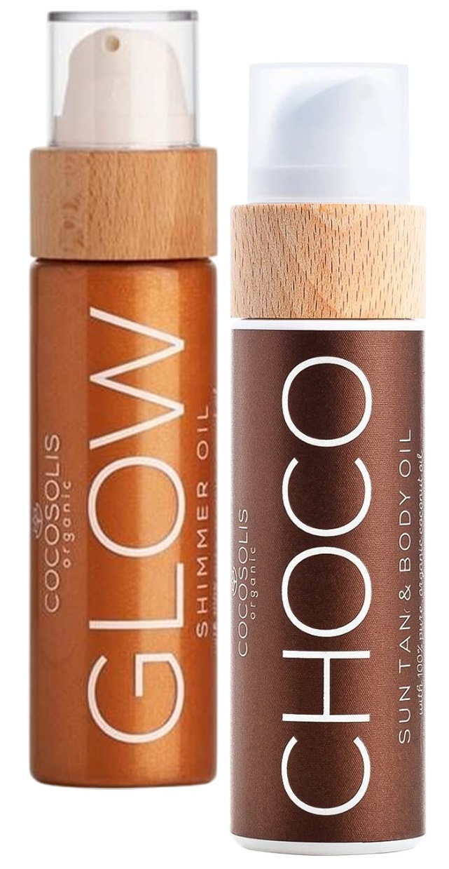 Cocosolis Suntan & Body Set - Ulei bio pentru bronz rapid Choco și Ulei uscat iluminator Glow, 2 x 110 ml