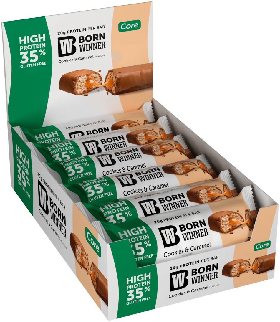 Core Protein Bar, biscuiți și caramel, 12 bucăți, Born Winner