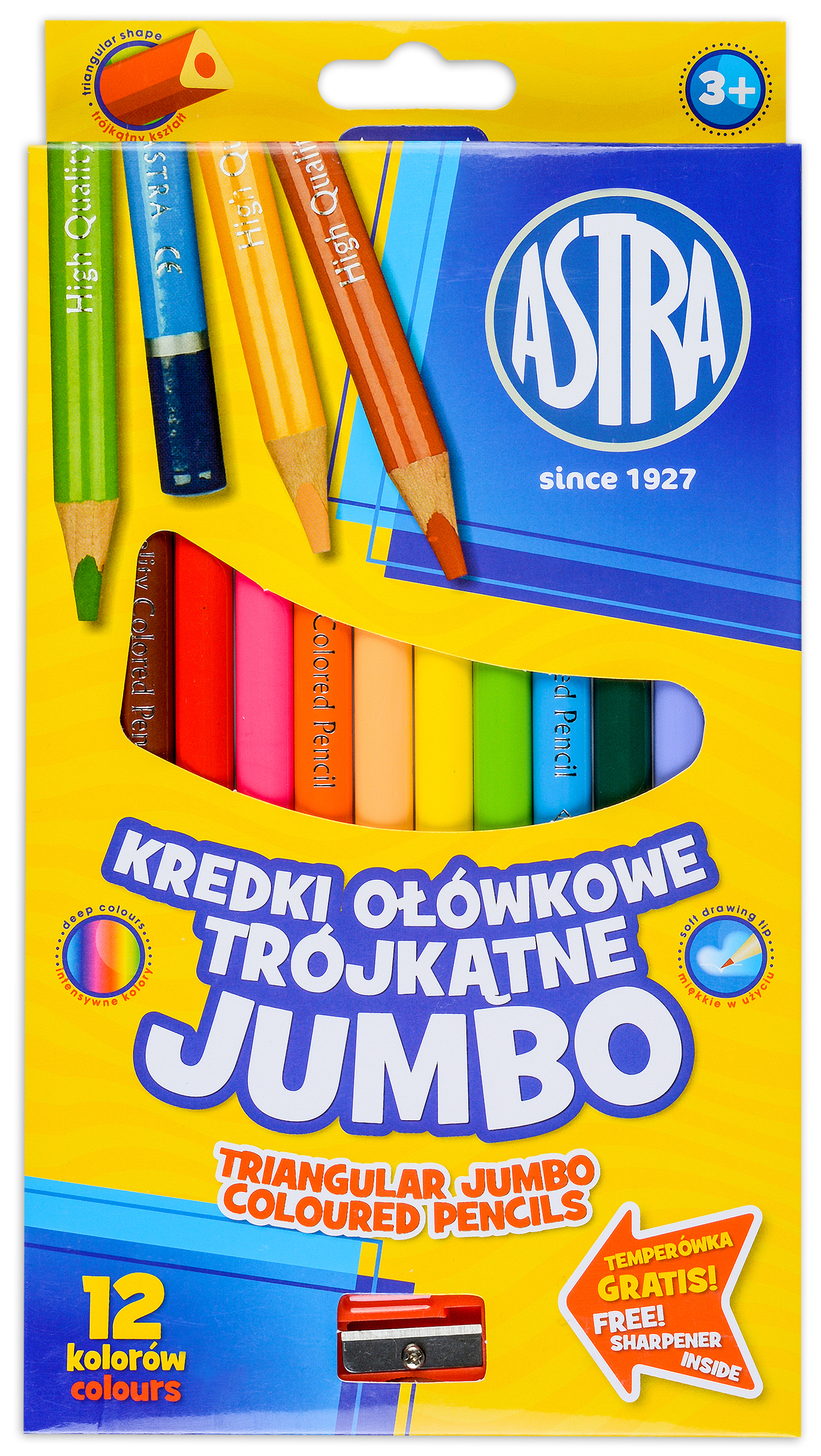 Creioane colorate triunghiulare Astra -Jumbo, 12 culori, cu ascutitoare