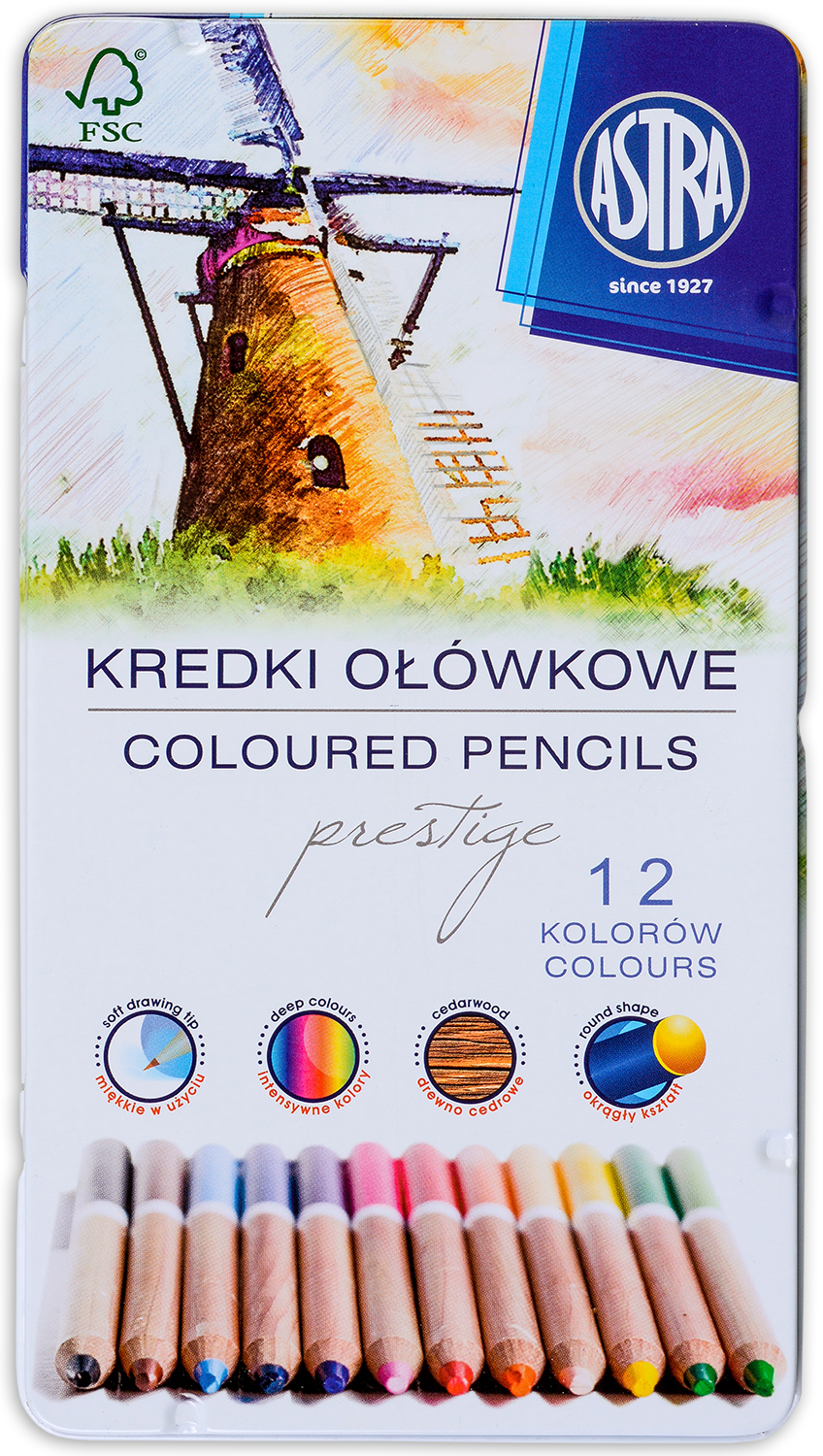 Creioane din lemn de cedru Astra Prestige - 12 culori, in cutie metalica