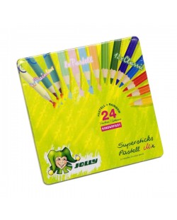Set creioane colorate Jolly Kinderfest Pastell Mix – 24 de culori, cutie metalica