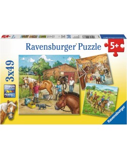 Puzzle Ravensburger de 3 x 49 piese - O zi cu caii