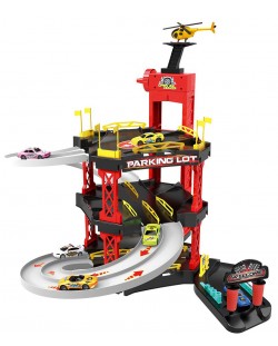 Set de joaca Bowa - Parcare pe 3 nivele, cu 4 masini si elicopter Racing Track, 55 de piese