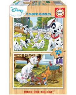 Puzzle Educa 2 x 25 de piese - Animale Disney, 101 dalmatieni si pisicile aristocrate