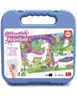 Puzzle de colorat Educa de 100 piese - Unicorns Glitter, cu 8 carioci