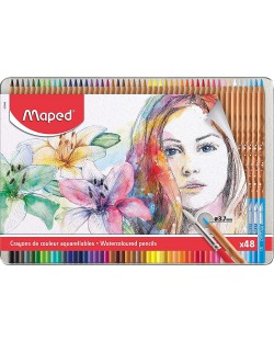 Creioane acuarele Maped Water Artist - 48 culori, in cutie metalica	