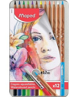 Creioane acuarele Maped Water Artist - 12 culori,  in cutie metalica	