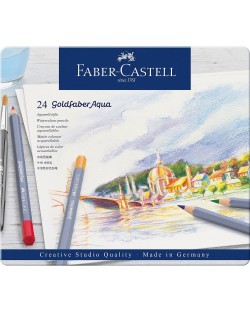 Creioane acuarelabile Faber-Castell Goldfaber Aqua - 24 culori, în cutie metalică
