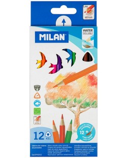 Creioane acuarele colorate Milan - Triangular, 12 culori + pensula