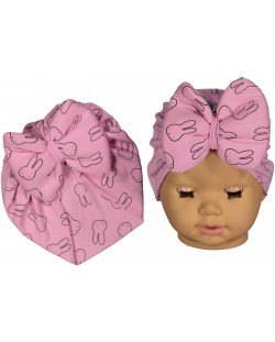 Căciulița pentru bebeluși tip turban NewWorld - Roz cu iepurași