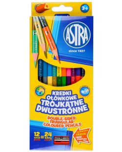 Creioane trunghiulare cu doua capete Astra - 12 bucati, 24 culori, cu ascutitoare