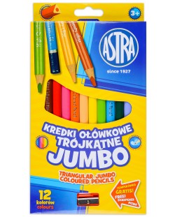 Creioane colorate triunghiulare Astra -Jumbo, 12 culori, cu ascutitoare