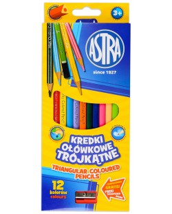 Creioane colorate triunghiulare Astra - 12 culori, cu ascutitoare