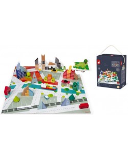 Set de constructie din lemn Janod - 60 piese + puzzle Oras