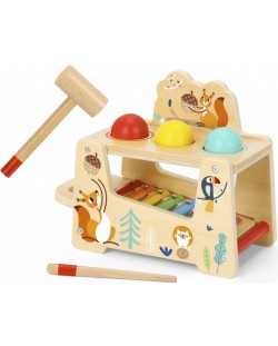 Jucarie din lemn Tooky Toy - Xilofon cu bile si ciocan,Lumea padurilor